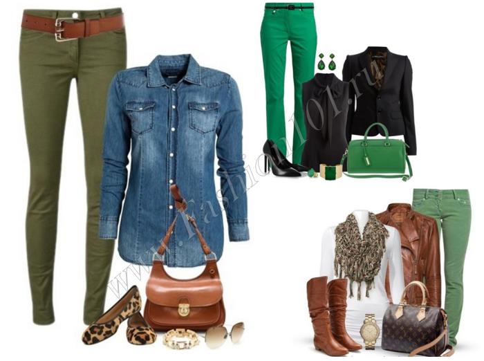 С зелеными брюками отлично гармонируют бежевые и коричневые цвета