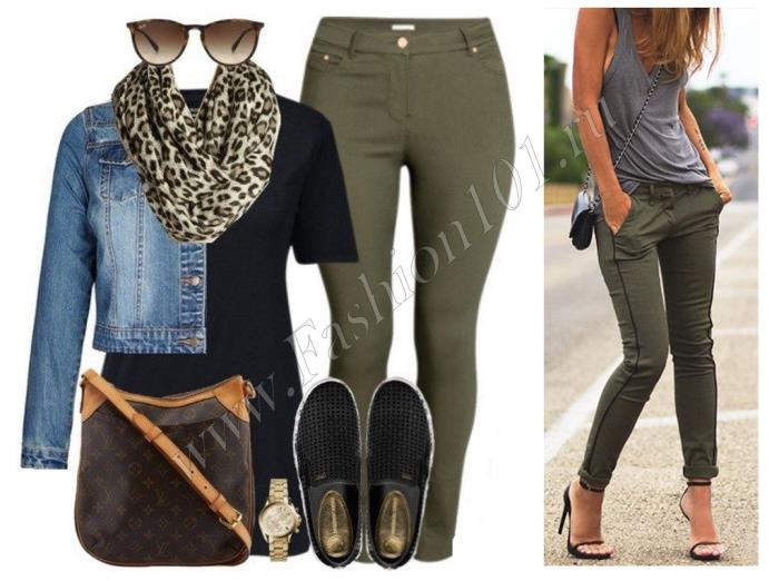 Попробуйте сочетать зеленые брюки с джинсой
